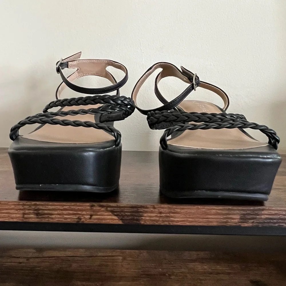 Sun + Stone Alyssaa Black Platform Wedge Braided Straps Ankle Strap Women's 8